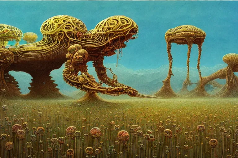 Image similar to a surreal and awe - inspiring science fiction landscape, alien plants and animals, intricate, elegant, uplifting, happy, inspirational, highly detailed watercolor painting by beksinski and simon stalenhag