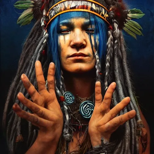 Image similar to A young blindfolded shaman woman with a decorated headband performing a pagan ritual, in the style of heilung, blue hair dreadlocks and wood on her head, tribal piercing and tatoos , atmospheric lighting, intricate detail, cgsociety, ambient light, dynamic lighting, art by karol bak