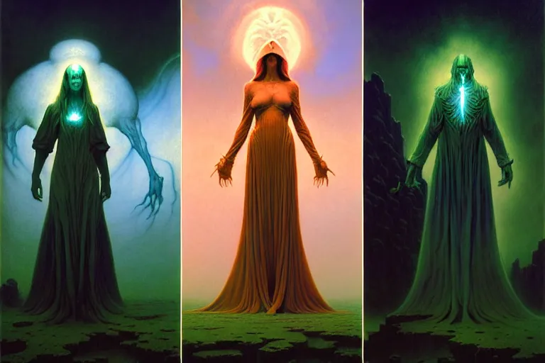 Image similar to the female arcanist and the male artificer by zacharias aagaard and gerald brom and zdzisław beksinski and james gilleard and wayne barlowe and marc simonetti and jean delville, beautiful, robes, highly detailed, hyperrealistic, intricate, energy, electricity, blue flame, low light, green crystal, high contrast