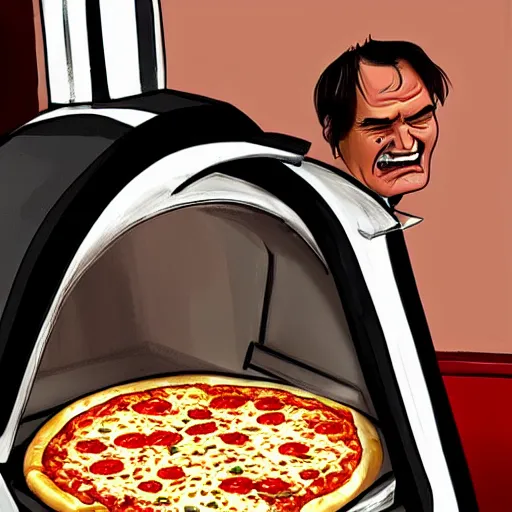 Prompt: quentin tarantino trapped inside a pizza oven