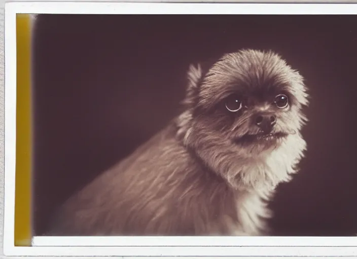 Image similar to a extreme close - up photo, color studio photographic portrait of a little dog bird hybrid, dramatic backlighting, 1 9 7 3 polaroid photo from life magazine,