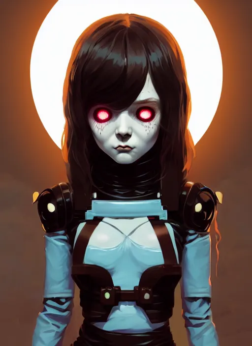 Image similar to portrait of cute goth maiden girl in cyber bikini armor, face by ilya kuvshinov, warhammer, cyberpunk, by atey ghailan, by greg rutkowski, by greg tocchini, by james gilleard, by joe fenton, by kaethe butcher, dynamic lighting, gradient light blue, brown, blonde cream and white color in scheme, grunge aesthetic