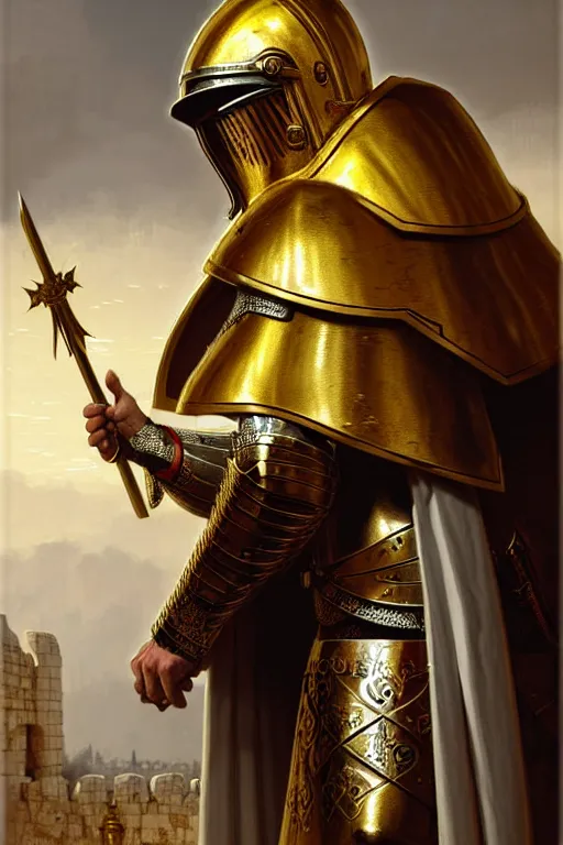 Image similar to man in decorated with gold in baroque style crusader armor, helmet hiding his face and white cape standing at the gates of jerusalem drawn by greg rutkowski realistic high detail