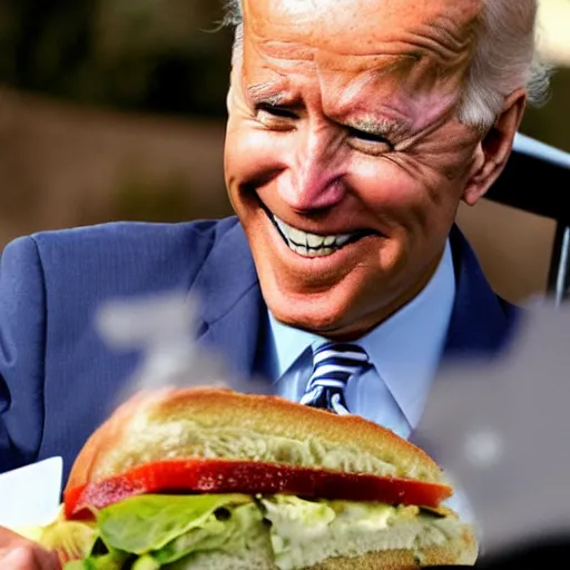 Image similar to meme of joe biden eating a sandwich, image macro, high res, realistic