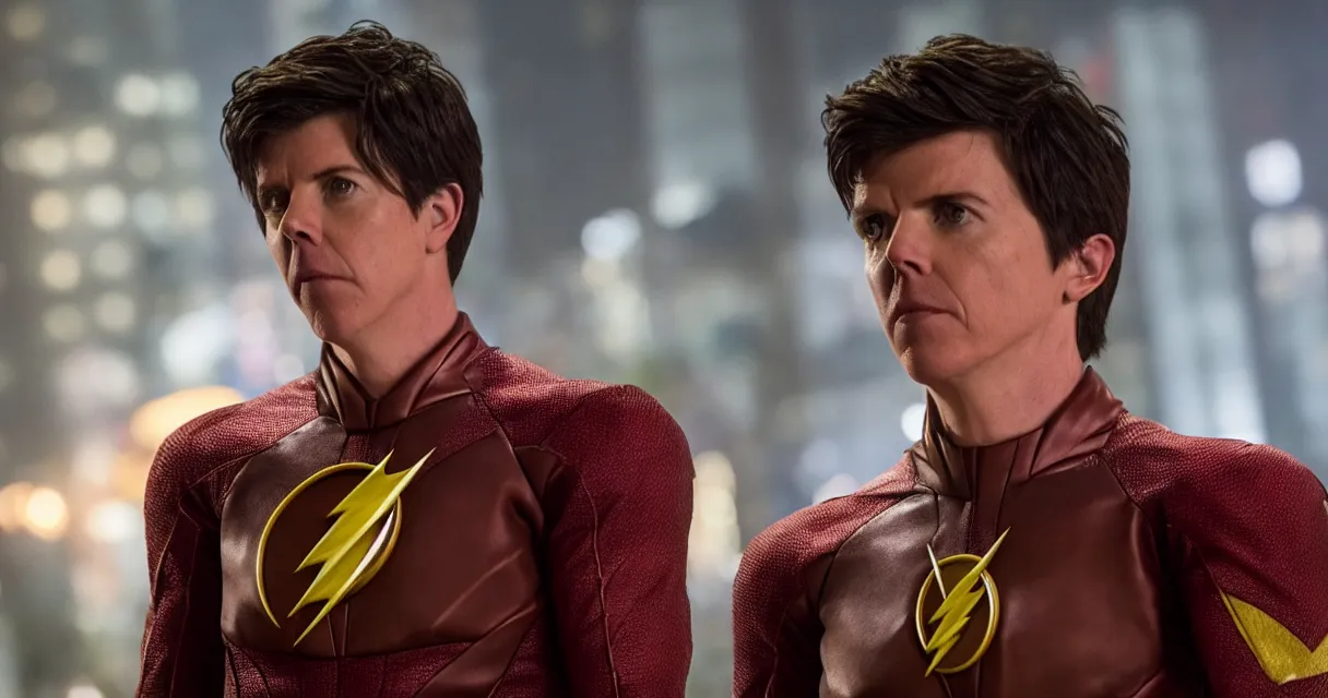 Image similar to tig notaro as the flash in the the flash movie, cinematic, widescreen, 4 k, anamorphic lens, 4 0 mm f / 2. 8