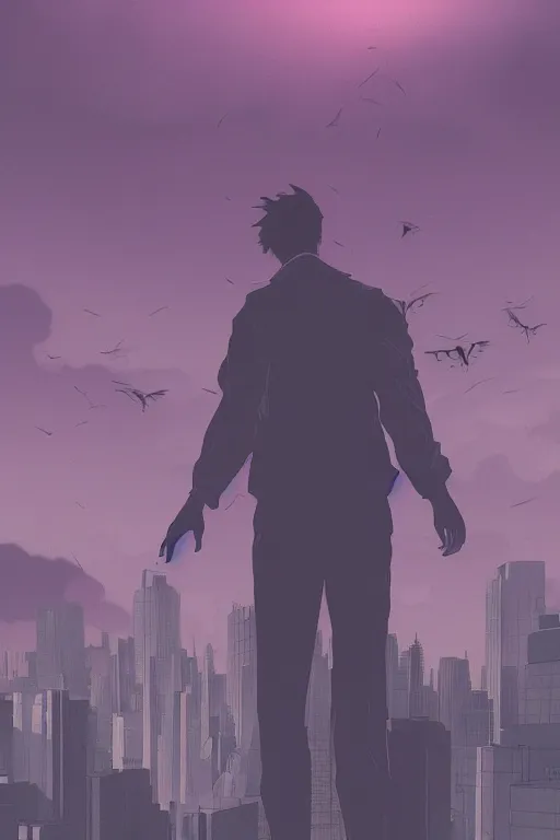 Image similar to concept art painting of a guy with wings flying over city skyline, moody vibe, moody lighting, artgerm, moebius, inio asano, toon shading, cel shading, calm, tranquil, vaporwave colors,