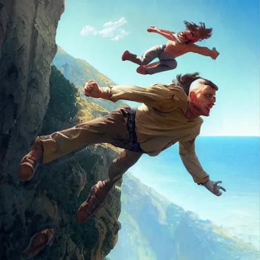 Prompt: a flying man catching a child that is falling from a cliff. photorealistic. realism. 4 k wideshot. cinematic. unreal engine. masterpiece. rule of thirds. beautiful. marc simonetti. jc leyendecker