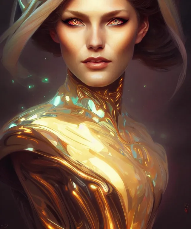 Image similar to futuristic woman portrait, sci-fi, amber eyes, face, long hair, fantasy, intricate, elegant, highly detailed, digital painting, artstation, concept art, smooth, sharp focus, illustration, art by artgerm and greg rutkowski and alphonse mucha