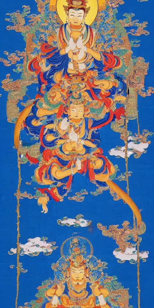 Image similar to a Beautifully exquisite WUKONG Thangka, with intricate details and bright colors. The background is a deep blue, with mountains and clouds. The thangka is framed in a gold border, from which rays of light are emanating, by WU DAOZI, zhang xuan, qiu ying, Chris Saunders,