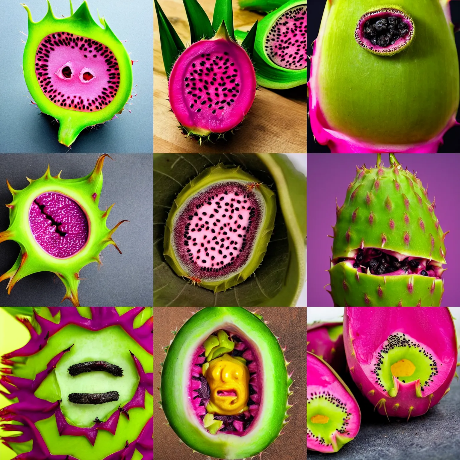 Prompt: a face inside a dragonfruit, made of seeds