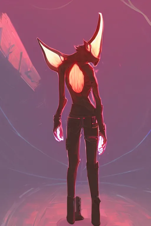 Image similar to an anthropomorphic cyberpunk fox, backlighting, trending on artstation, digital art, furry art, trending on furaffinity, fantasy art, by kawacy, view from behind, fluffy tail