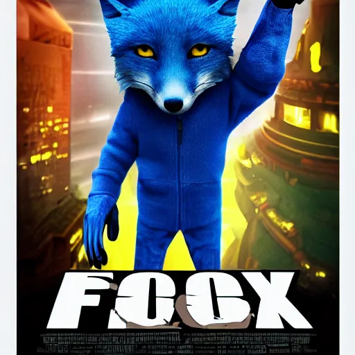 Image similar to modern action adventure movie poster, featuring in anthropomorphic blue fox in a hoodie, promotional movie poster print