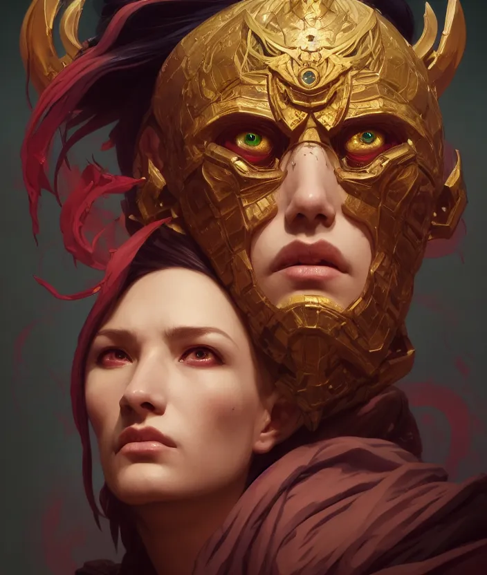 Image similar to excellent painted portrait of the grand demon tyrant, high quality masterpiece painted portrait, symmetry, 4k, trending on artstation, octane render, art by artgerm and greg rutkowski and alphonse mucha and craig mullins and James Jean and Andrei Riabovitchev and Marc Simonetti and peter mohrbacher