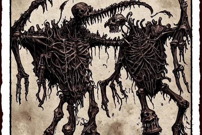 Image similar to D&D Monster Manual, undead skeletal creature that's goopy with ooze, shambling with glowing magic circles in its eye sockets, heavy fog, eery dead swamp setting