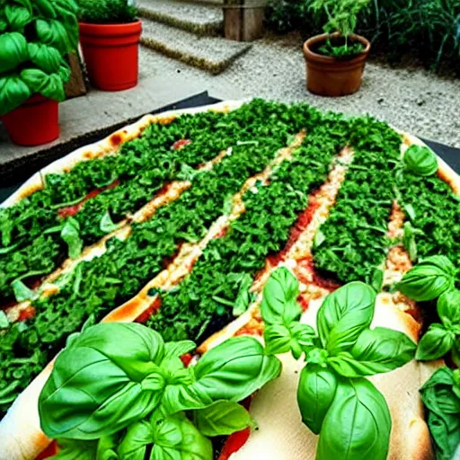 Prompt: a garden of basil, shaped into the word'pizza'