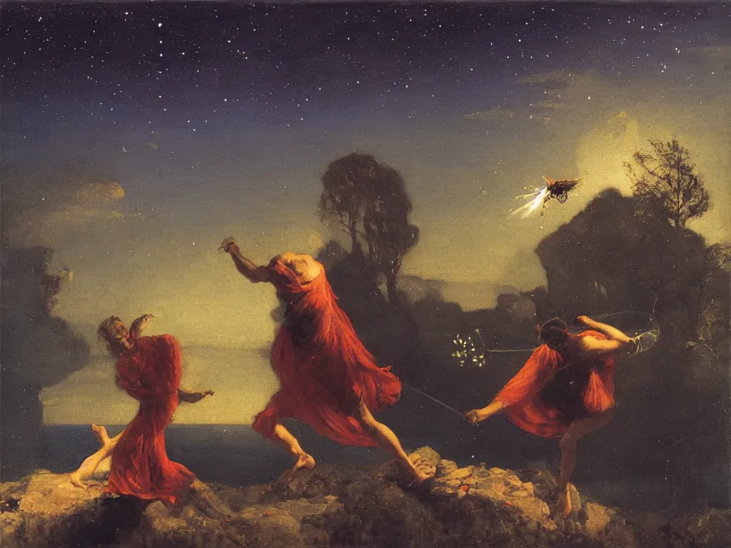 Image similar to Man fighting a phosphorescent moth under the stars, painting by Arnold Bocklin