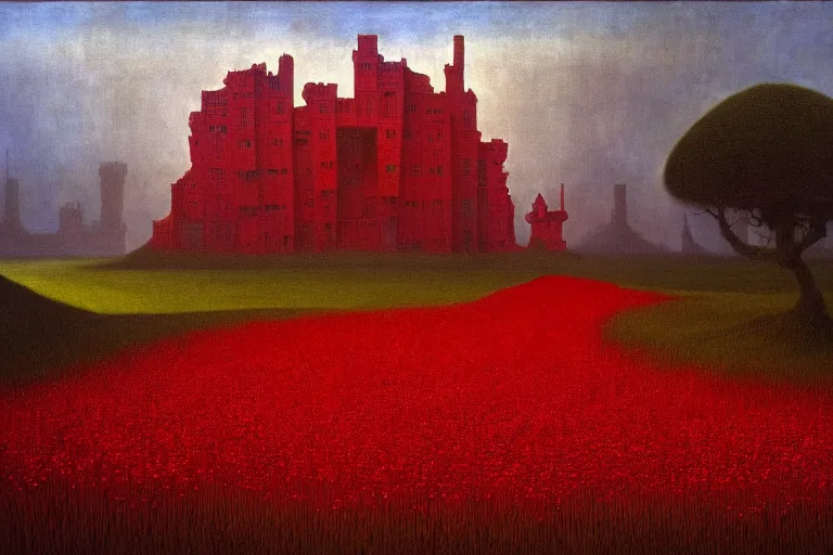 Image similar to only with red, red mushrooms of different types, a red tiger, a castle in the background, medieval demons dance over the flowers, an ancient path, in the style of beksinski, part by hopper, part by rodcenko, part by hofbauer, intricate composition, red by caravaggio, insanely quality, highly detailed, masterpiece, red light, artstation