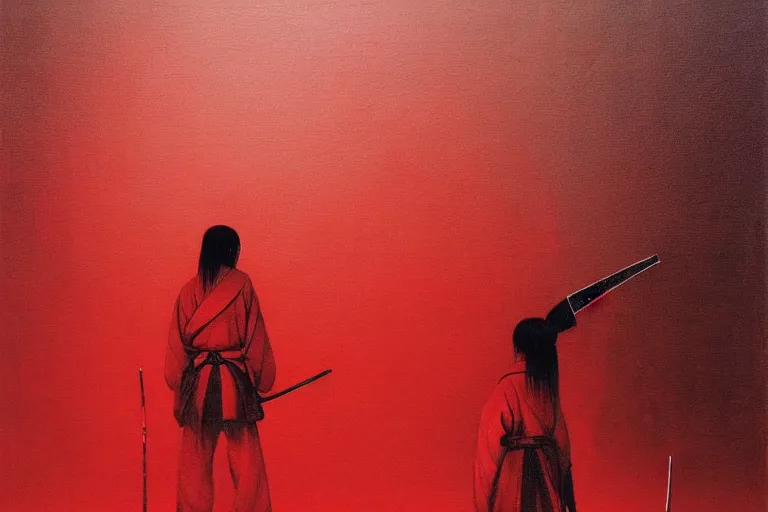 Image similar to only with red, a red samurai harakiri, tokio, a lot of frogs watch, in the style of beksinski, parts by edward hopper, parts by rodcenko, parts by yue minjun, intricate and epic composition, red by caravaggio, insanely quality, highly detailed, masterpiece, red light, artstation, 4 k