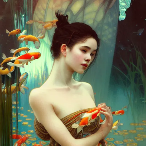 Image similar to Portrait of a girl surrounded by Koi fish, face, fantasy, intricate, elegant, highly detailed, digital painting, artstation, concept art, smooth, sharp focus, illustration, art by Dapeng song and Artem Demura and alphonse mucha