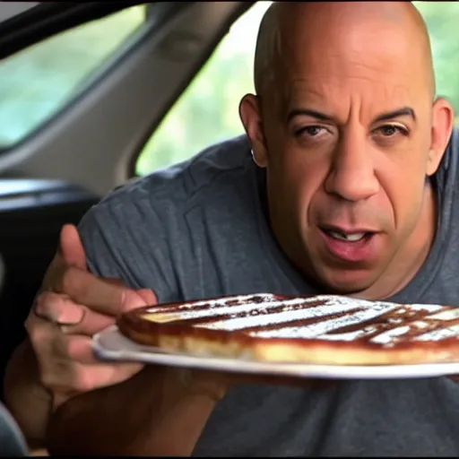 Image similar to movie still of vin diesel eating waffles and pancakes breakfast in a car