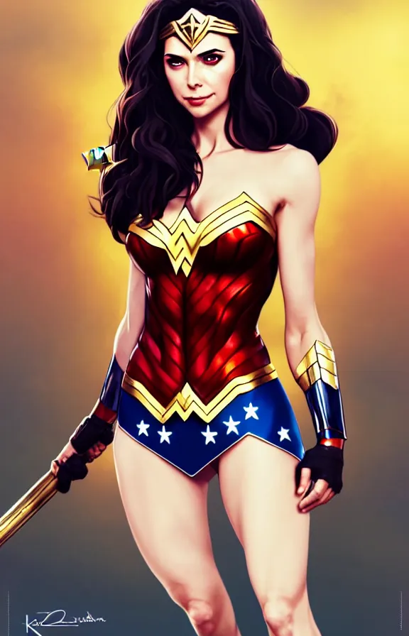 Prompt: a still fullbody portrait of beautiful eliza dushku as wonder woman, finely detailed features, closeup at the faces, perfect art, standing in the street, trending on pixiv fanbox, by ilya kuvshinov, rossdraws, artgerm