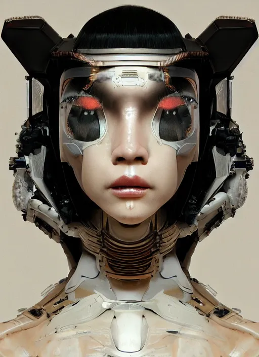 Image similar to close up portrait of a futuristic geisha cyborg, in the style of ghost in the shell, kintsugi, modern fine art, fractal, intricate, elegant, highly detailed, digital photography, richard avedon and greg rutkowski,