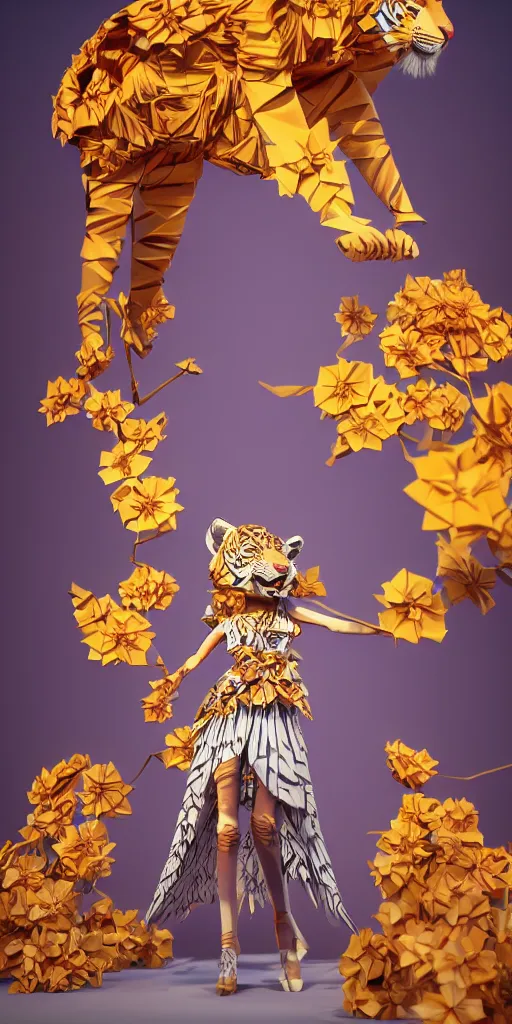 Prompt: <https://s.mj.run/fYu46ryI1Y0> a metropolis made out of origami paper, anthropomorphic tiger woman wearing a flowing tiffany-colored dress, paper origami, many origami sakura flowers, heavenly light, 3D, very detailed, octane render, trending ArtStation, artgem