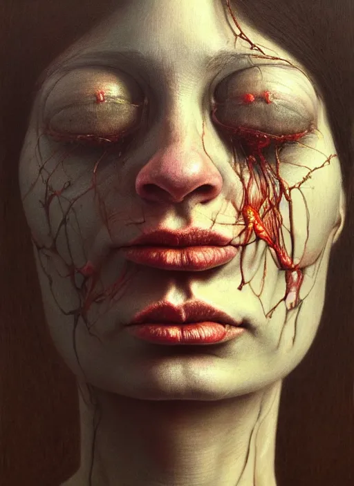 Image similar to there is ugliness in beauty, but there is also beauty in ugliness detailed portrait painting inspired by beksinski and alex gray, accurate anatomy by jenny saville, edward hopper trending on artstation. 8 k