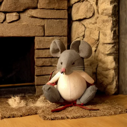 Image similar to studio ghibli mouse dressed in medieval clothing sitting is a big blue armchair, warm lighting, sitting by a small fireplace