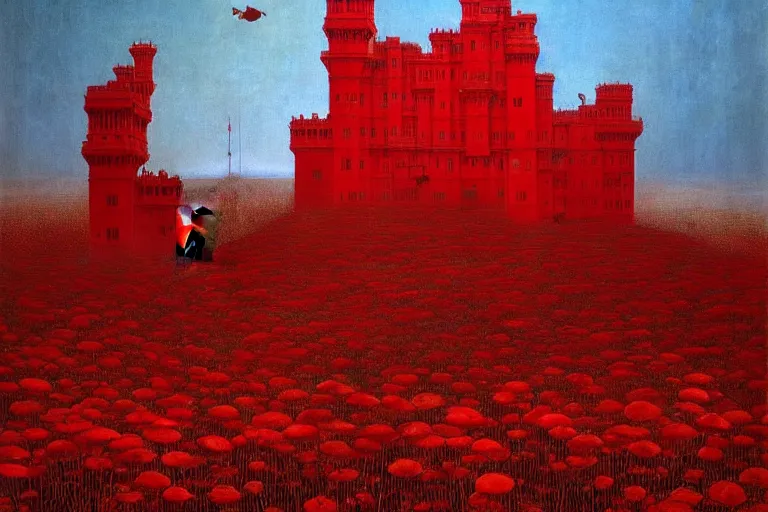 Prompt: only with red, red flowers of different types, red castle in background, red medieval goblins, in the style of beksinski, parts by edward hopper, parts by rodcenko, parts by yue minjun, intricate and epic composition, red by caravaggio, insanely quality, highly detailed, masterpiece, red light, artstation, 4 k