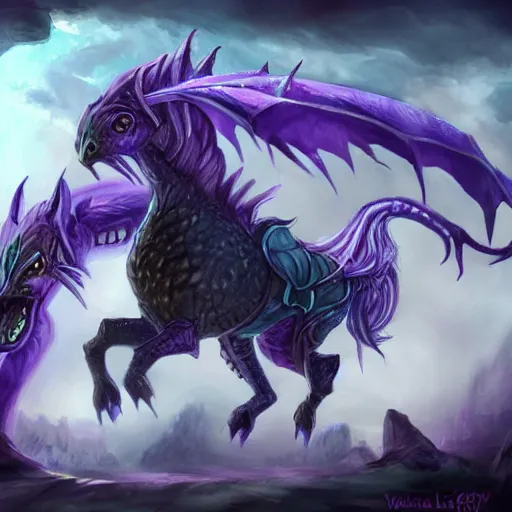 Prompt: violet fantasy crocodile horse hybrid, fantasy game art, fantasy rpg, league of legends