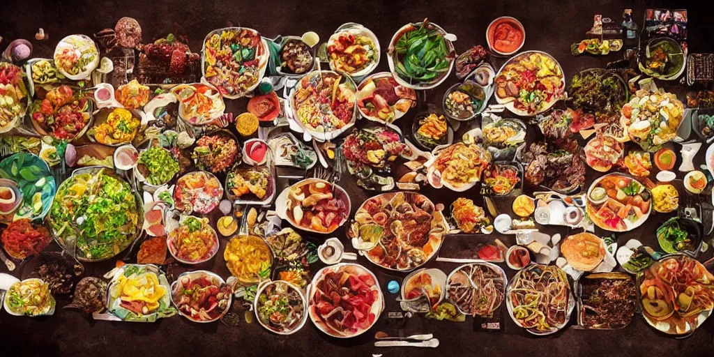 Prompt: a buffet with every food imaginable, realistic, detailed, intricate, food photography, delicious, colorful