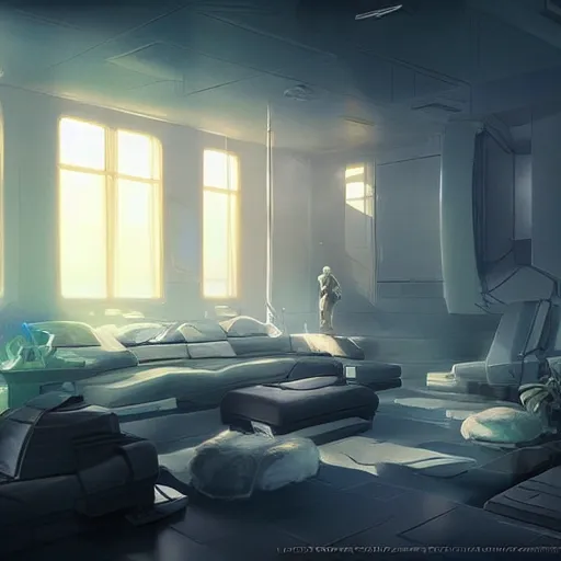 Image similar to futuristic room, crisp, artstation, luxury, beautiful, dim painterly lighting, 3 d concept art