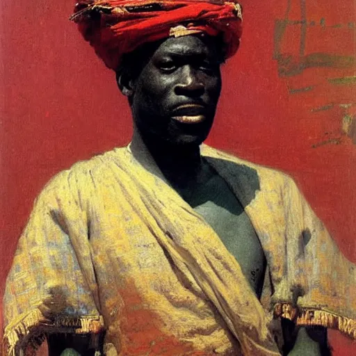 Image similar to king of dahomey dressed lightly in airy robes, 1905, brightly coloured oil on canvas, by ilya repin