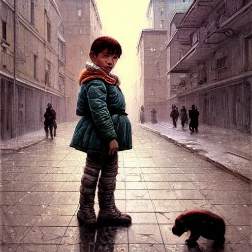 Image similar to A portrait of a kid with a dog on the street of a Soviet city on the moon, Norilsk, sci-fi, fantasy, intricate, very very beautiful, elegant, highly detailed, digital painting, artstation, concept art, smooth, sharp focus, illustration, art by artgerm and greg rutkowski and alphonse mucha