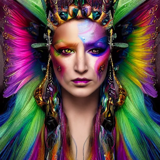 Prompt: A princess with rainbow wings and rainbow hair, single face portrait. complex hyper-maximalist over-detailed beautiful but terrifying, cinematic cosmic scifi portrait of an elegant very attractive but wild and dangerous witch anthropomorphic female warrior god by andrei riabovitchev, tomasz alen kopera, oleksandra shchaslyva alex grey and bekinski. Fantastic realism. Volumetric soft green and red lights. Ominous intricate. Secessionist style ornated portrait illustration. Unreal engine 5. Focus on face. Artstation. Deviantart. 8k 4k 64megapixel. Cosmic horror style. Rendered by binx.ly. coherent, hyperrealistic, lifelike textures and only one face on the image.