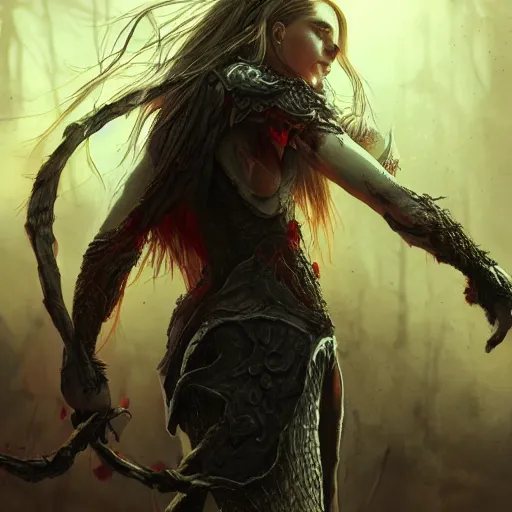 Image similar to elden ring art, concept art, highly detailed, malenia staying and looking on burning erd tree, ripped skirt, tired woman, bloody back fantasy art, digital drawing, arstation trends, 4 k
