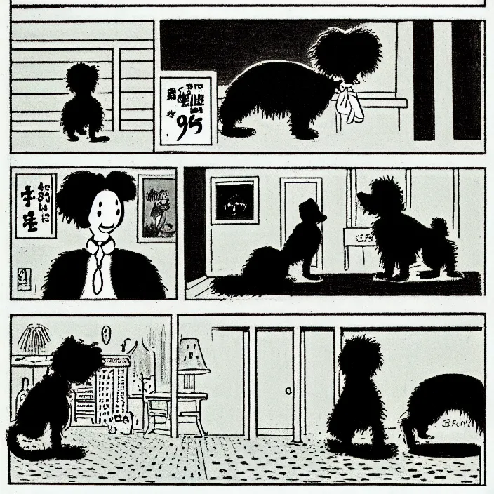 Prompt: a still frame from comic strip, black fluffy dog 1 9 5 0, herluf bidstrup, new yorker illustration, monochrome contrast bw, lineart, manga, tadanori yokoo, simplified,