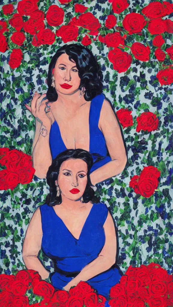 Image similar to portrait of rebekah delrio in lynch pattern dress beside of a big persian detailed pot of red roses, blue and red lights, mulholland drive, painted by egon sheile