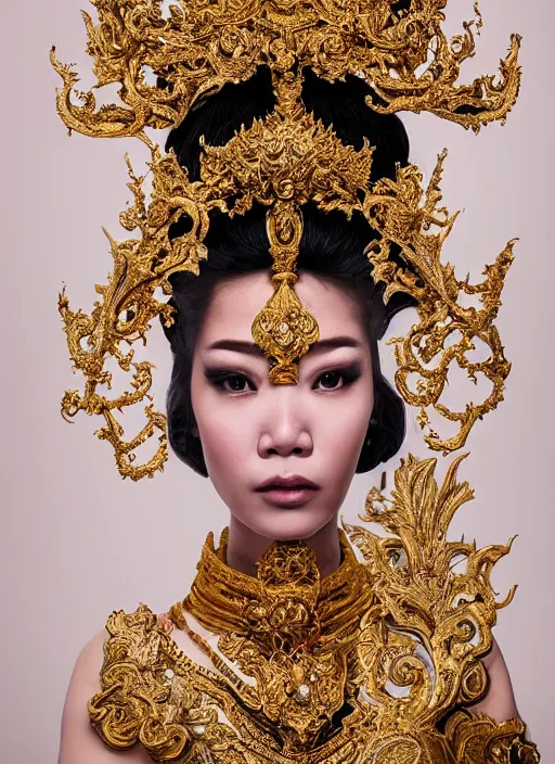 Image similar to a portrait of thai female by stefan geselle and nekro borja, photorealistic, intricate details, hyper realistic, fantasy, elegant, baroque gold headpiece, photorealistic, canon r 3, photography, wide shot, symmetrical features, symmetrical pose, wide angle shot, head to toe, standing pose, feet on the ground, wearable art