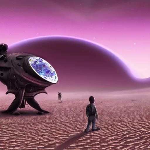 Image similar to Humanoid Ant Aliens on a desert planet with purple sky [realistic detailed digital painting for a Science Fiction Novel, trending on Artstation]