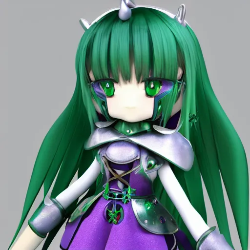 Image similar to cute fumo plush of a knight girl of a royal legion, anime girl with long hair, matcap green and purple metal reflectance, vray