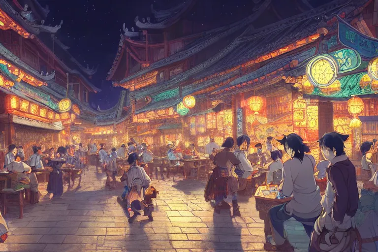 Image similar to fantasy art of a bustling tavern in china, at night, by makoto shinkai, highly detailed digital art, trending on artstation