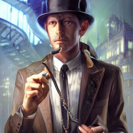 Image similar to reginald hargreeves with a cane and a revolver, wearing a pocket watch, cyber punk setting, time travel deep focus, turnaround, fantasy, intricate, elegant, highly detailed, digital painting, artstation, concept art, matte, sharp focus, illustration, art by artgerm and greg rutkowski