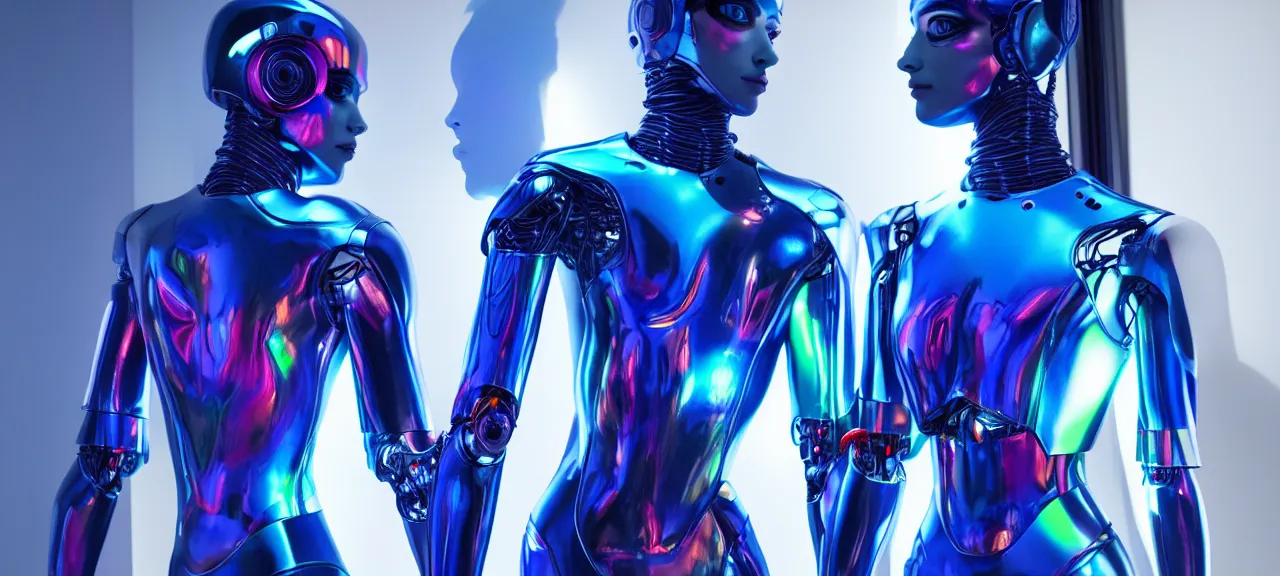 Prompt: beauty, colored humanoid cybersuits, ultrarealistic, dramatic lighting, accurate, photorealism, vivid colors, ultrarealistic, beautiful lighting