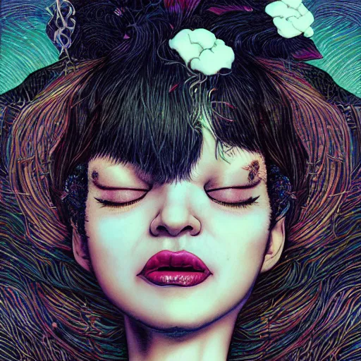 Image similar to portrait of crazy screaming beautiful singer sia kate isobelle furler, big ribbon, ymmetrical, by yoichi hatakenaka, masamune shirow, josan gonzales and dan mumford, ayami kojima, takato yamamoto, barclay shaw, karol bak, yukito kishiro