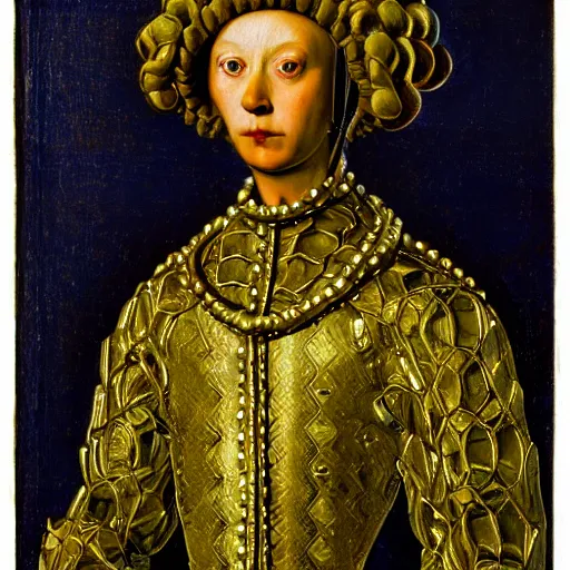 Image similar to a portrait of a shiny metallic renaissance robot, in the style of Jan van Eyck,