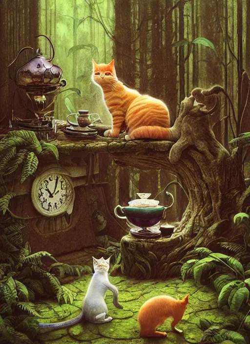 Image similar to cat having tea at a shrine in the woods gorgeous lighting, lush forest foliage a hyper realistic painting by chiara bautista and beksinski and norman rockwell and greg rutkowski weta studio, and lucasfilm