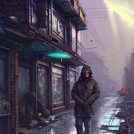 Image similar to A cyberpunk gopnik on the street of a Soviet slum on the moon, Norilsk, sci-fi, fantasy, intricate, very very beautiful, by Evgeny Zubvkov, elegant, highly detailed, digital painting, artstation, concept art, smooth, sharp focus, illustration, art by artgerm and greg rutkowski and alphonse mucha