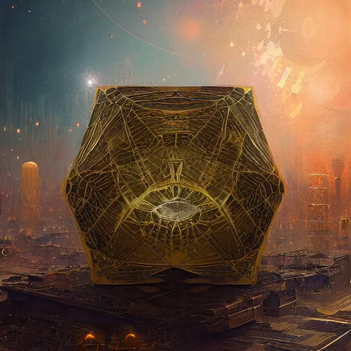 Prompt: hyper realistic golden quantum computer in the shape of a giant cube the size of a city in the middle of a Japanese city , art by artery and Greg Rutkowski and alphonse mucha, sci-fi, fantasy, intricate, ornate, very very intimidating , highly detailed, digital painting, artstation, concept art, smooth, sharp focus, illustration